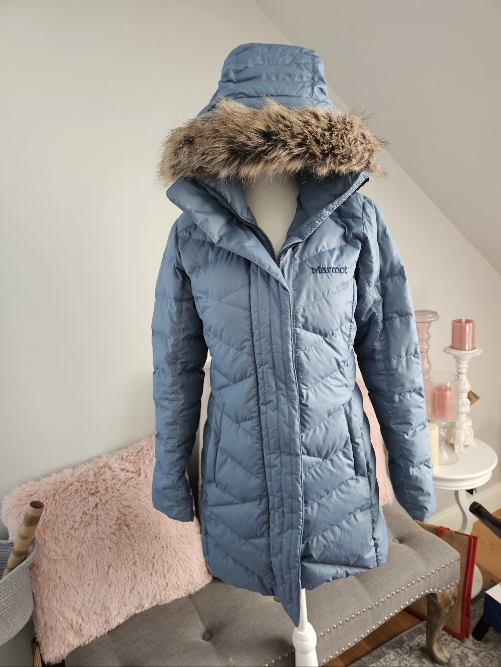 Marmot Dusty Blue Women's Hooded Down Puffer Coat with Faux Fur Trim